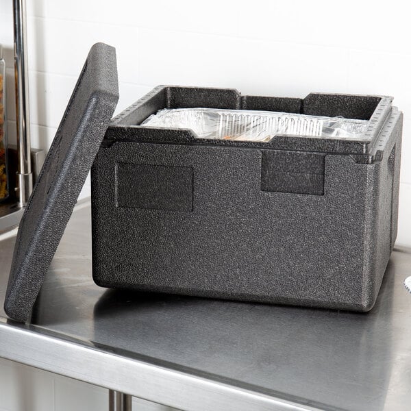 Cambro Cam GoBox® Black Half Size Top Loading EPP Insulated Food Pan Carrier - 6" Deep Half-Size Pan Max Capacity