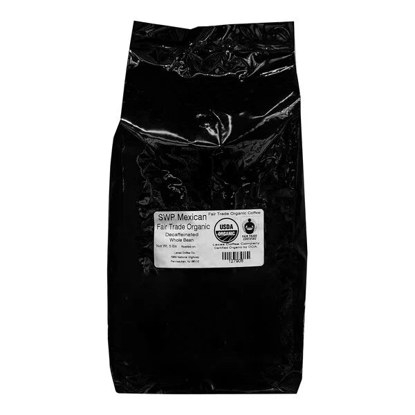 Lacas Coffee Fair Trade Organic Mexican Chiapas Swiss Water Process Decaf Whole Bean Coffee 5 lb. - 4/Case